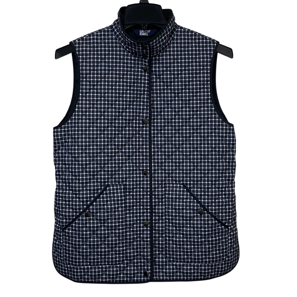 Lands’ End Quilted Plaid Vest – M 10‑12 Black & White PrimaLoft